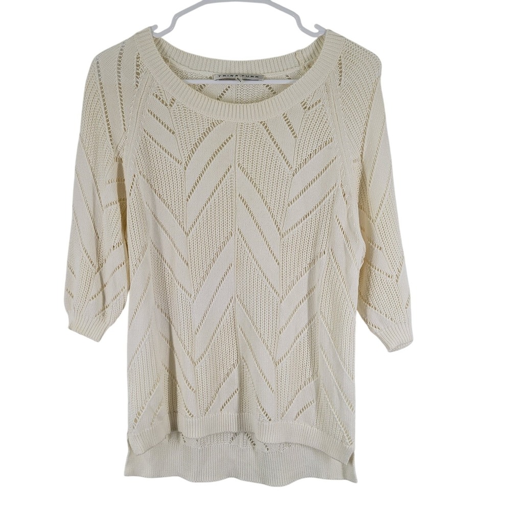 Trina Turk Sweater Top Womens Small Ivory‎ Pointelle Chevron Knit 3/4 Sleeve